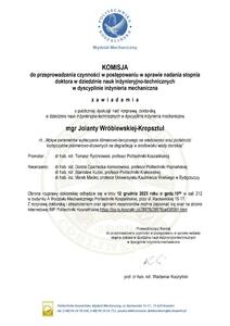 Zawiadomienie o publicznej dyskusji nad rozprawą doktorską mgr Jolanty Wróblewskiej-Krepsztul
