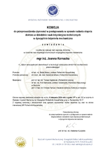 Ogłoszenie o publicznej obronie rozprawy doktorskiej mgr inż. Joanny Kornackiej.