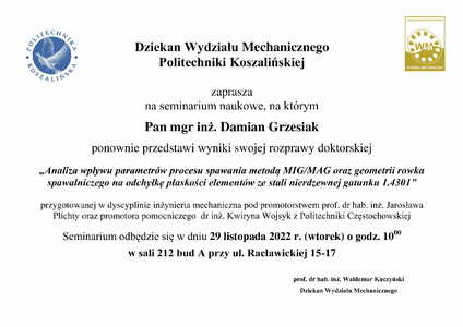 Dziekan Wydziału Mechanicznego Politechniki Koszalińskiej  zaprasza na seminarium naukowe