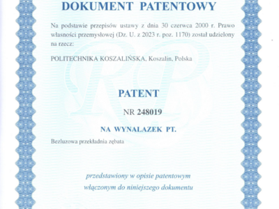 Patent dla Uczelni za wynalazek pt. "Bezluzowa przekładnia zębata"