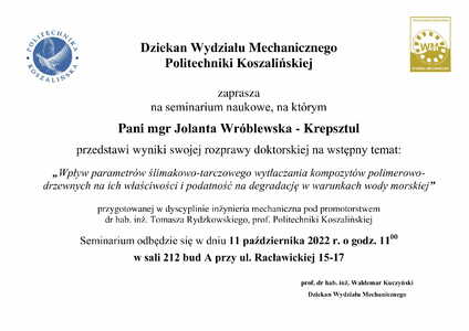 Seminarium naukowe, na którym  Pani mgr Jolanta Wróblewska - Krepsztul  przedstawi wyniki swojej rozprawy doktorskiej 