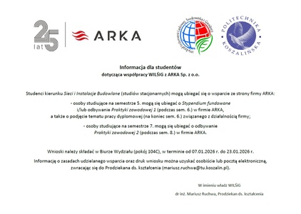 Informacja dla studentów  dotycząca współpracy WILŚiG z ARKA Sp. z o.o.